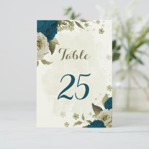 teal blue beige floral botanical table number card