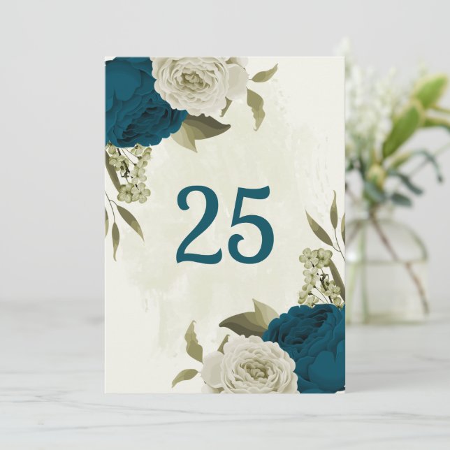 teal blue beige floral botanical table number card (Standing Front)