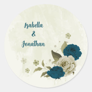 teal blue beige floral botanical wedding classic round sticker