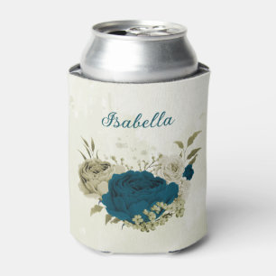 teal blue beige floral wedding  can cooler