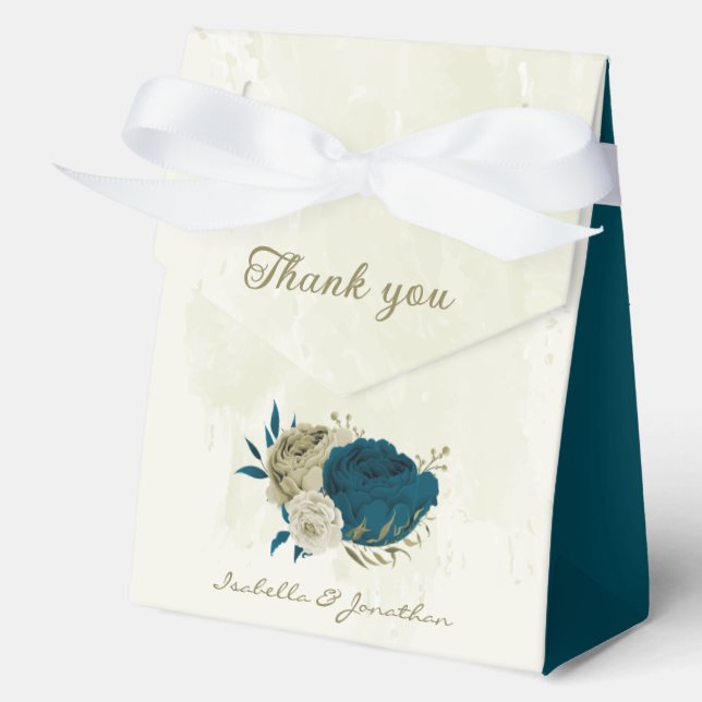 teal blue beige floral wedding  favour box (Front)