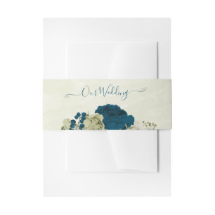 teal blue beige floral wedding  invitation belly band