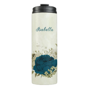 teal blue beige floral wedding  thermal tumbler