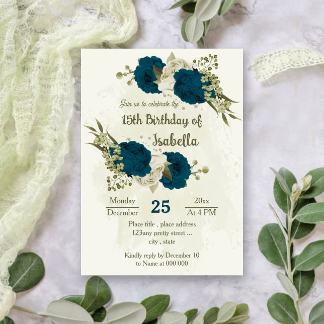 teal blue beige flowers botanical birthday invitation (Creator Uploaded)