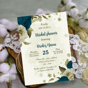 teal blue beige flowers botanical bridal shower invitation
