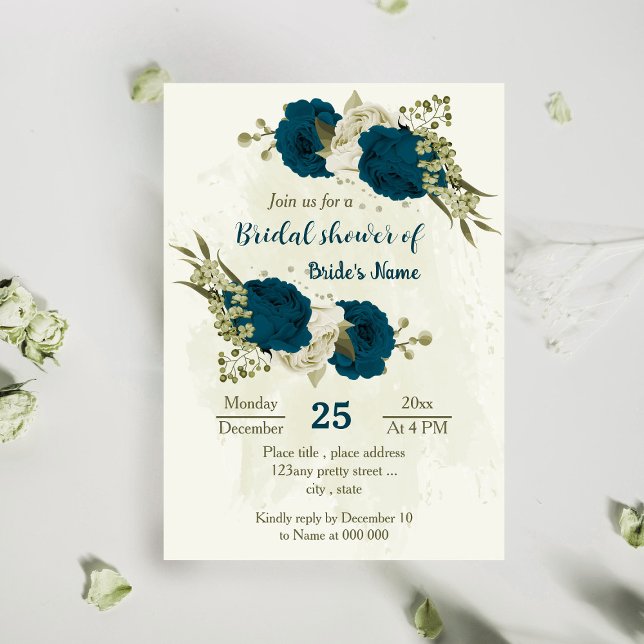 teal blue beige flowers botanical bridal shower invitation (Creator Uploaded)