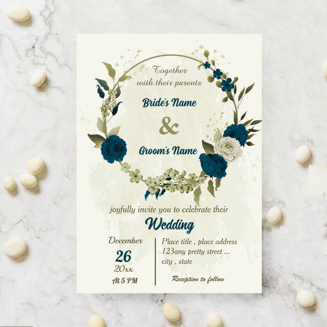 teal blue beige flowers botanical wedding invitation (Creator Uploaded)