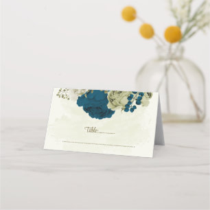 teal blue beige flowers botanical wedding place card