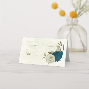 teal blue beige flowers botanical wedding place card