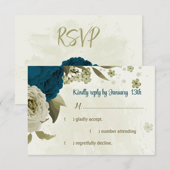 teal blue beige flowers botanical wedding RSVP card (Front/Back)