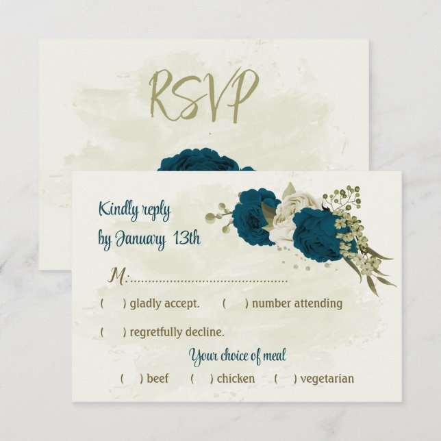 teal blue beige flowers botanical wedding RSVP card (Front/Back)