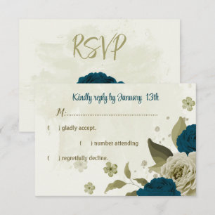 teal blue beige flowers botanical wedding RSVP card