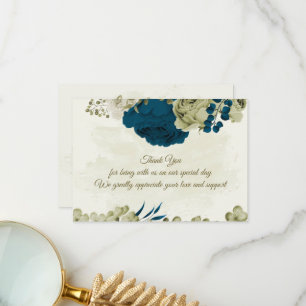 teal blue beige flowers botanical wedding thank you card
