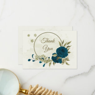 teal blue beige flowers botanical wedding thank you card