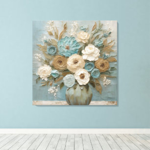 Teal Blue Beige Sage Cream Floral Canvas Print