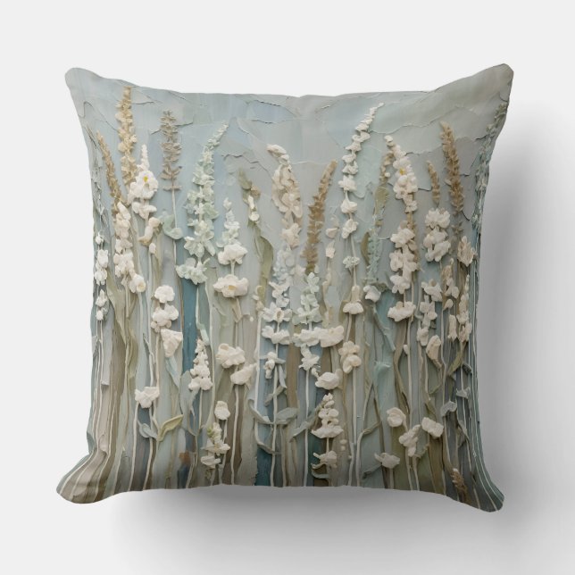 Teal Blue Beige White Wildflower Cushion (Front)