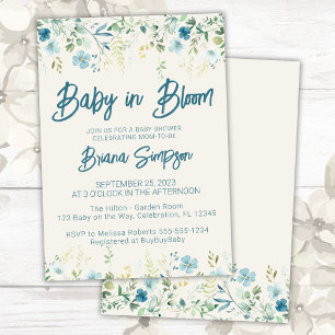 Teal Blue Beige Wildflowers Baby Shower Invitation