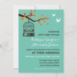 Teal Blue Bird Cage Floral Wedding Invitation