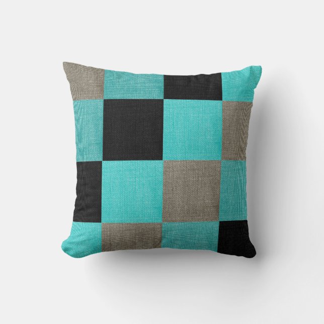 Teal Blue, Black and Grey Square Pattern Cushion (Front)