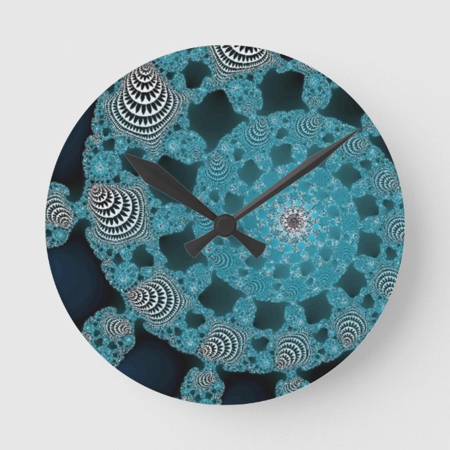 Teal Blue Black and White Fractal Circle Twirl Round Clock (Front)