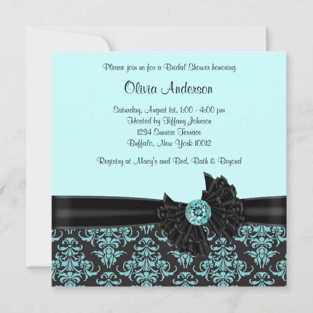 Teal Blue Black Damask Bridal Shower Invitation (Front)