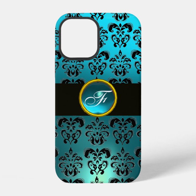 TEAL BLUE BLACK DAMASK GEM STONE MONOGRAM   iPhone CASE (Back)