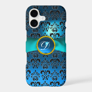 TEAL BLUE BLACK DAMASK GEMSTONE MONOGRAM
