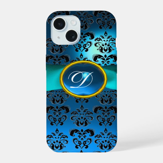 TEAL BLUE BLACK DAMASK GEMSTONE MONOGRAM iPhone 15 CASE (Back)