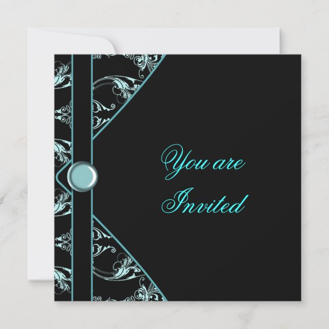 Teal Blue Black Damask Party Invitation Template (Front)