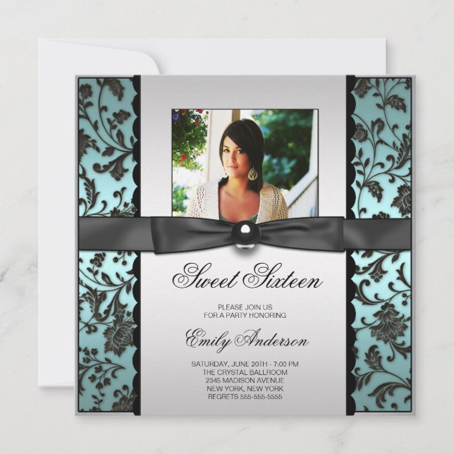 Teal Blue Black Damask Photo Sweet 16 Party Invitation (Front)