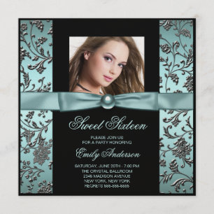 Teal Blue Black Damask Photo Sweet 16 Party Invitation
