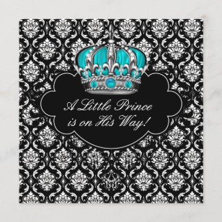 Teal Blue Black Damask Prince Baby Boy Shower Invitation