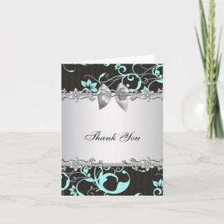 Teal Blue Black Damask Silver Thank You Card