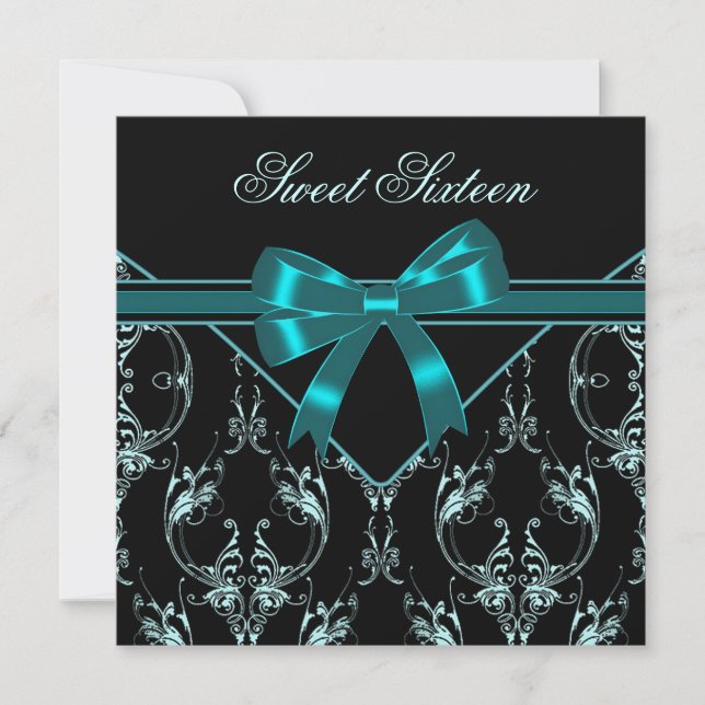 Teal Blue Black Damask Sweet 16 Party Invitation (Front)