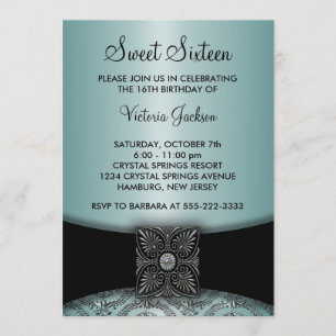 Teal Blue Black Damask Sweet Sixteen Party Invitation