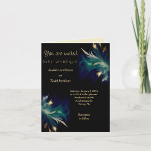 teal blue black gold feather folded invitation