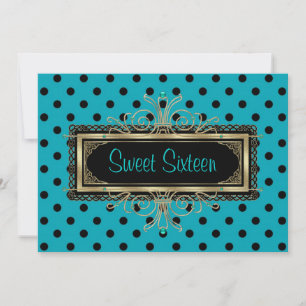 Teal Blue Black Gold Sweet Sixteen Birthday Party Invitation