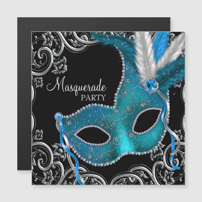 Teal Blue Black Masquerade Party Magnetic Invitation (Front/Back)