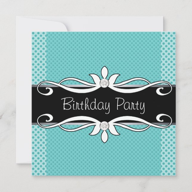 Teal Blue Black Polka Dot Womans Birthday Party Invitation (Front)