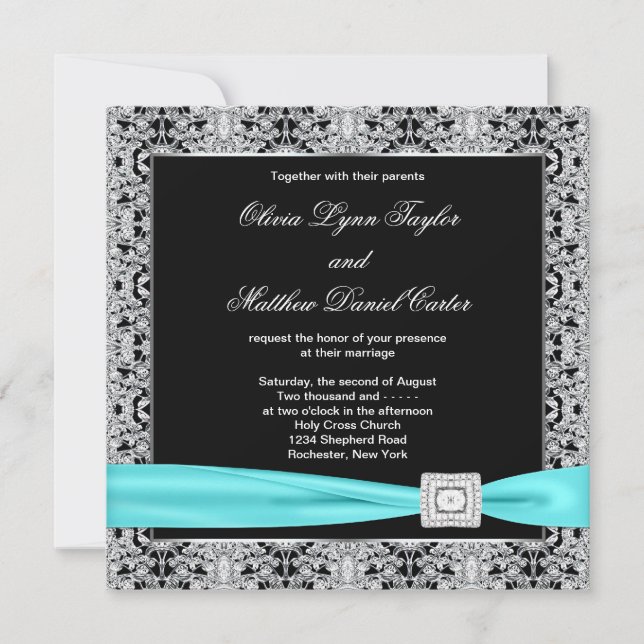 Teal Blue Black Silver Lace Classy Wedding Invitation (Front)