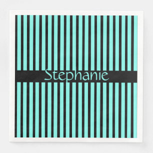 Teal Blue Black Stripes Baby Shower Custom Name Napkin