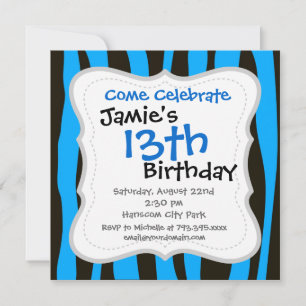 Teal Blue Black Tiger Zebra Stripes Wild Animal Invitation