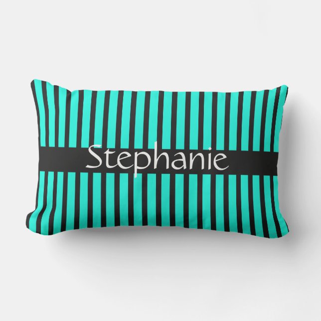 Teal Blue Black White Custom Name Stripes Favour Lumbar Cushion (Front)