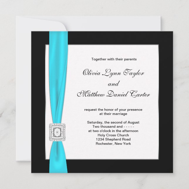 Teal Blue Black White Teal Bow Wedding Invitation (Front)