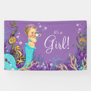 Teal Blue Blonde Mermaid Baby Shower Banner