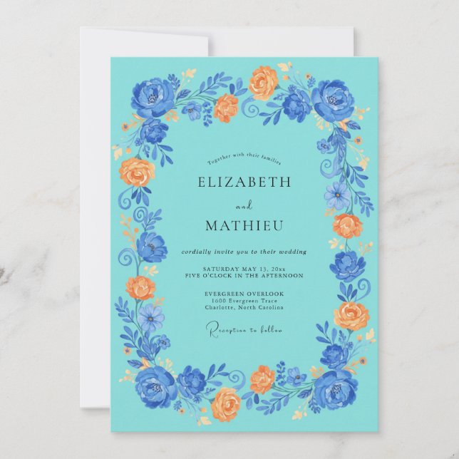 Teal Blue Blossom Romance Wedding Invitation (Front)