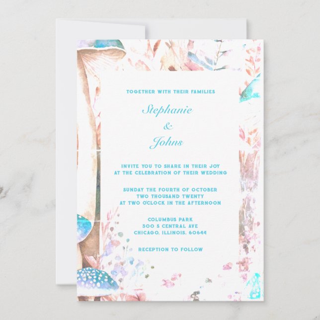Teal Blue Boho Woodland Mushroom Art Wedding Invitation (Front)