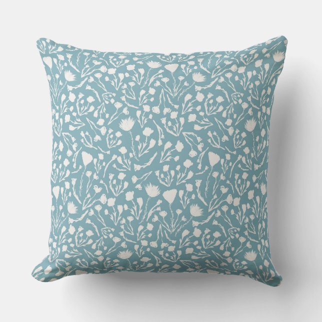 Teal Blue Botanical Floral  Cushion (Front)