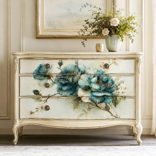 Teal Blue Botanical Peony Branch Decoupage Tissue Paper (Creator Uploaded)