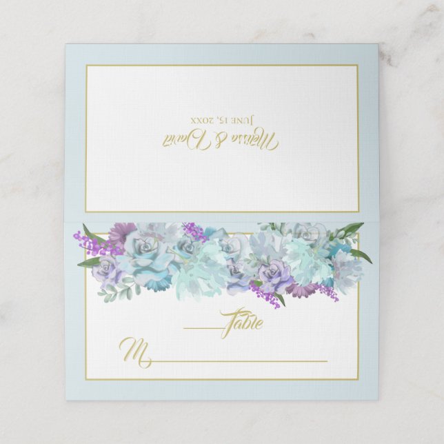 Teal Blue Bouquet Wedding Suite Thank You Escort Place Card (Outside Unfolded)